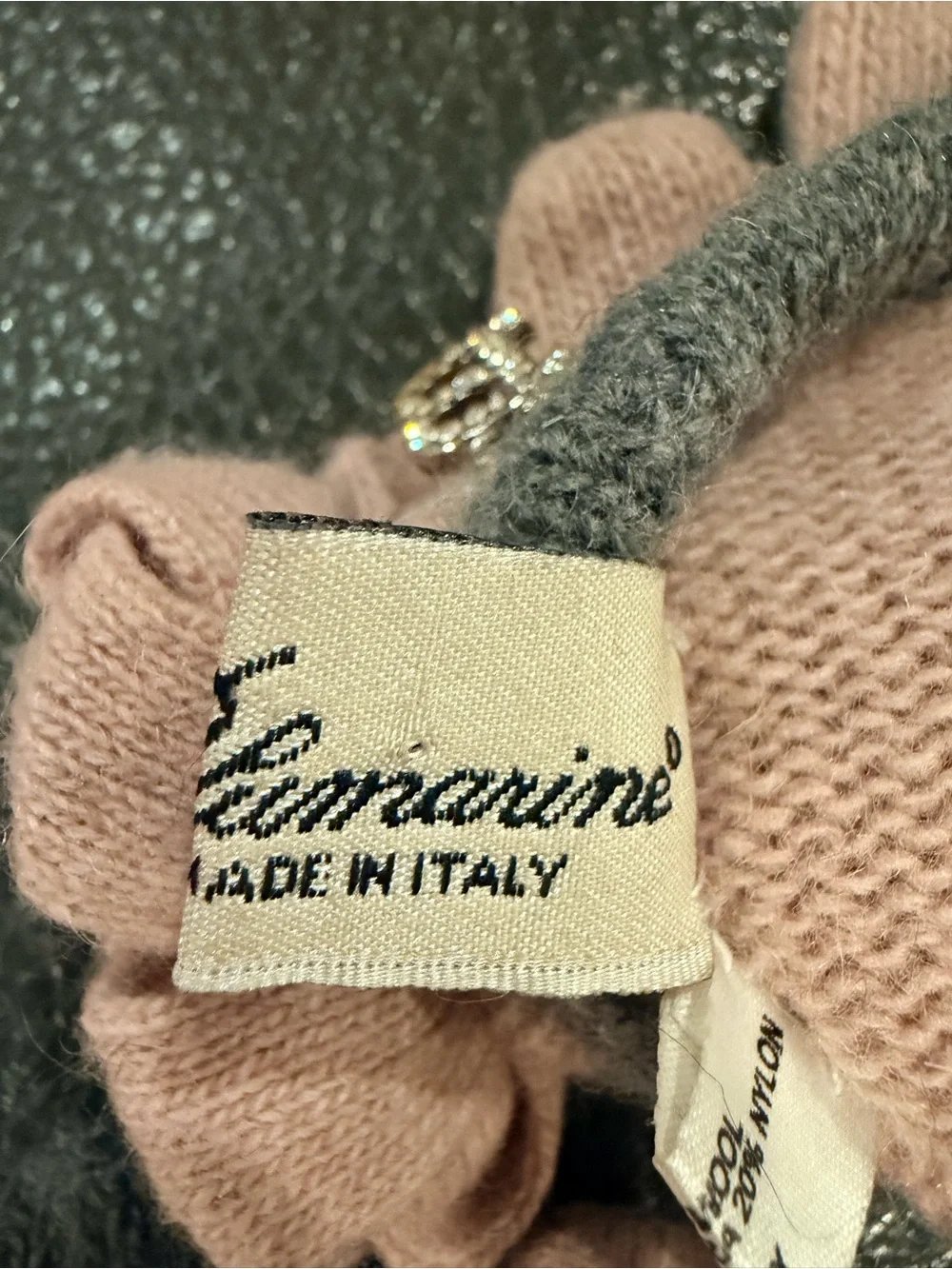 Blumarine Pink Wool Angora Knit Gloves Rosette Rhinestone Logo Italy